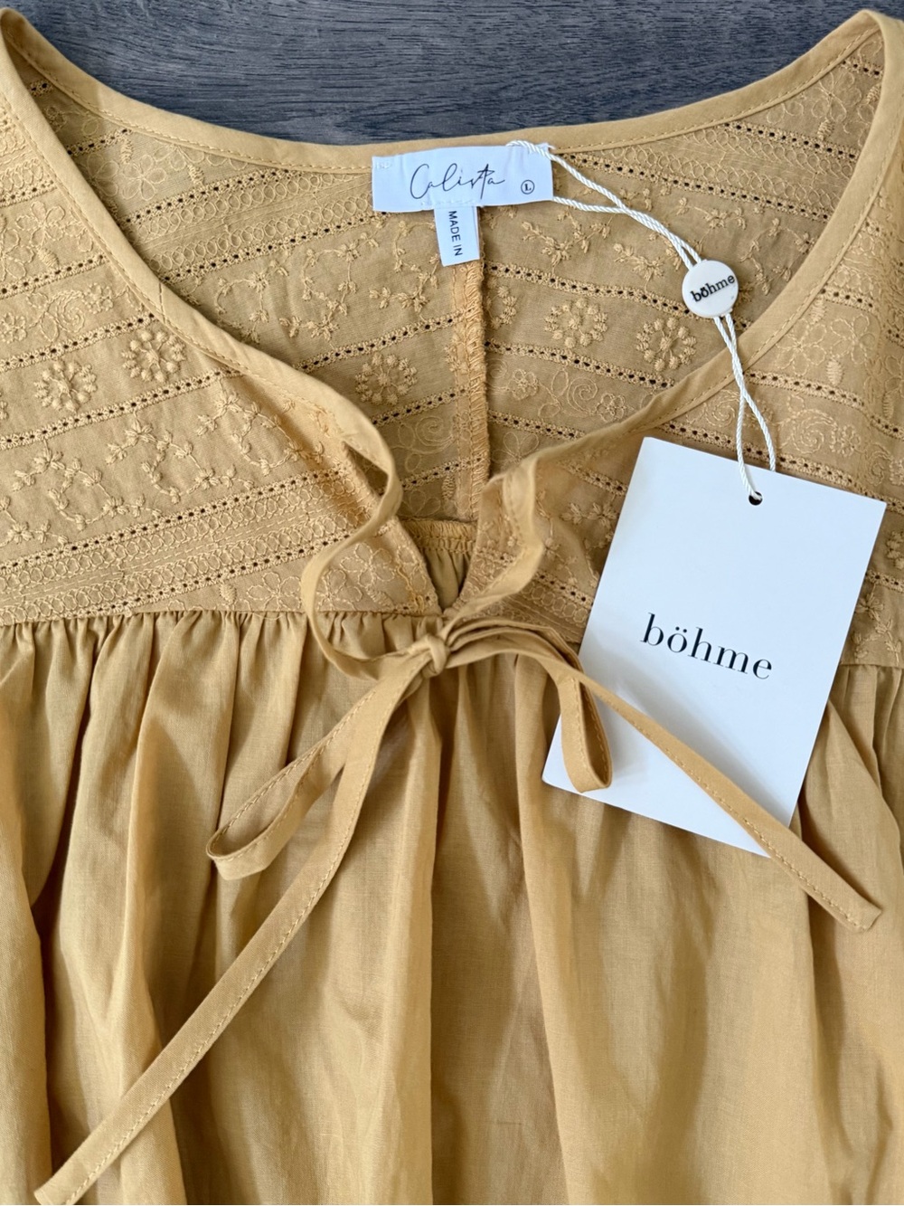 Bohme Womens Mustard Embroidered Peasant Top Size L Cotton Babydoll Boho NWT - Picture 5 of 9